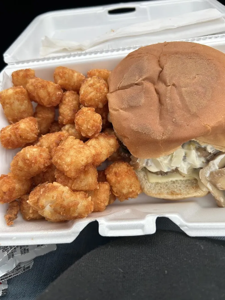 Mushroom Swiss Burger with Tater Tots